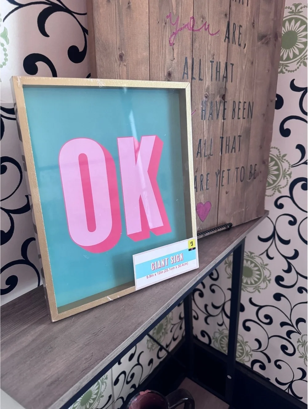 Decorative Framed 'OK' Sign with Pink Letters on Blue Background